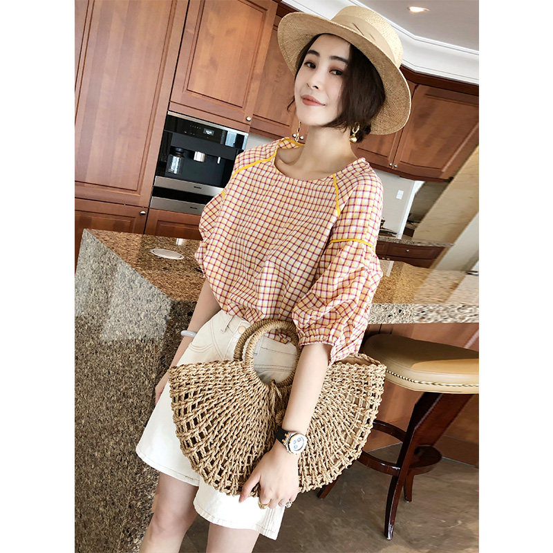 格子女上衣泡泡袖短款夏季宽松衬衫 秋寸衬衫