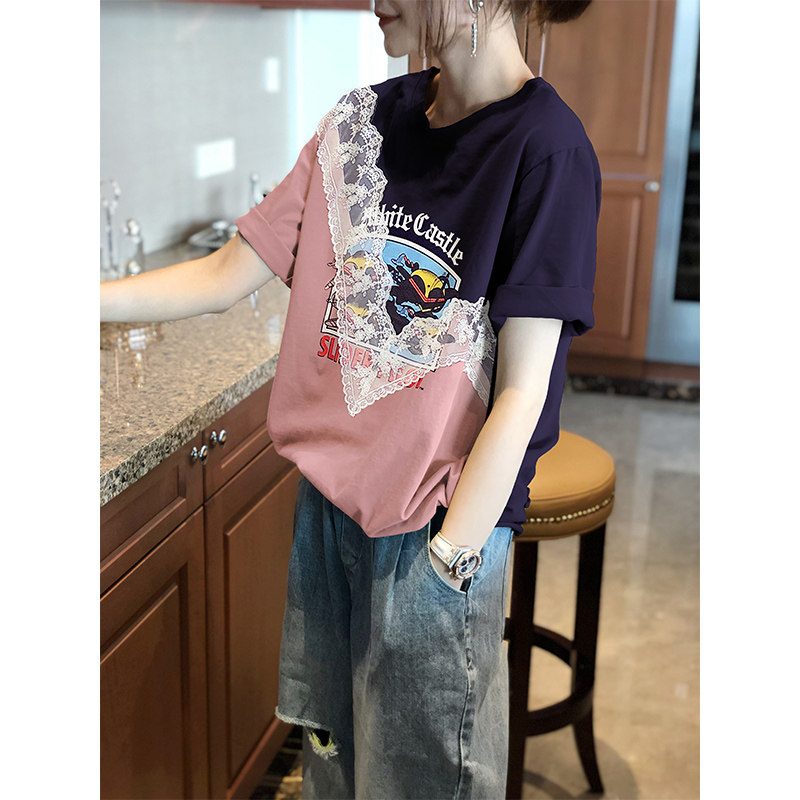 蕾丝短袖拼接设计感印花夏季t恤 秋寸T恤