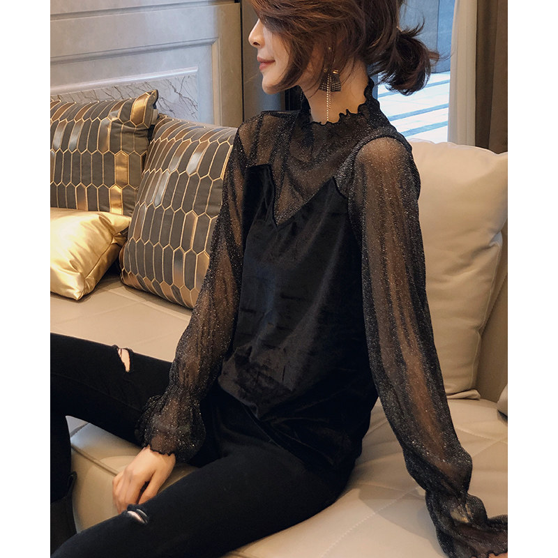 性感微透黑色蕾丝衫女时尚洋气小衫 秋寸蕾丝衫/雪纺衫