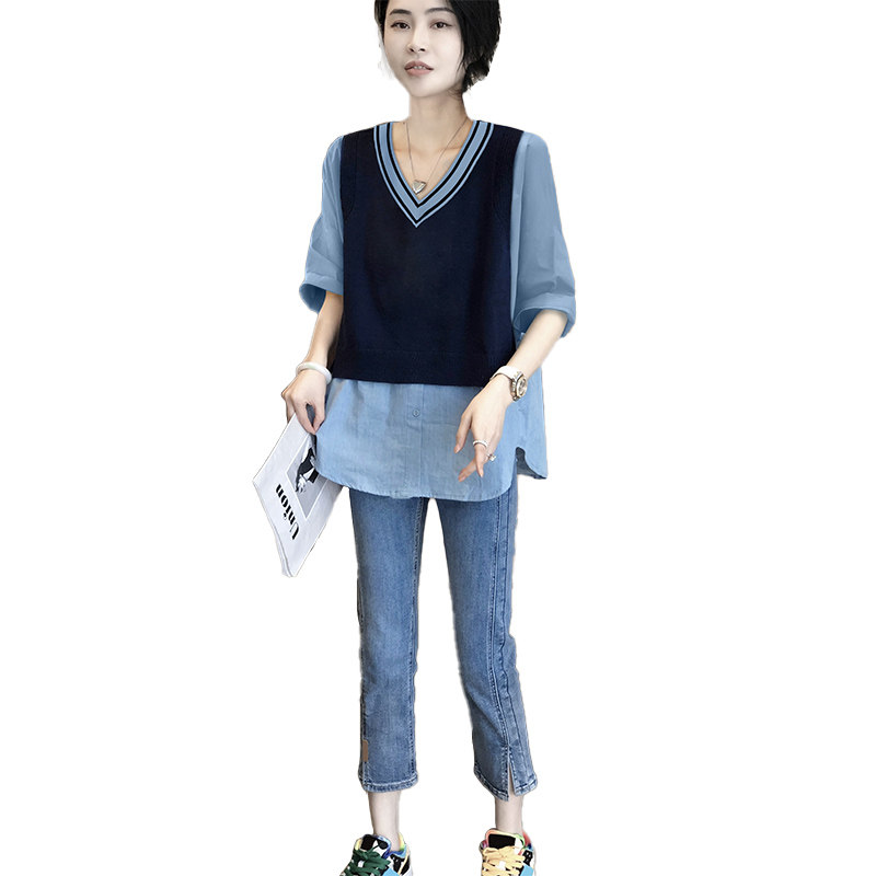 拼接假两件v领女设计感小众衬衫 秋寸衬衫