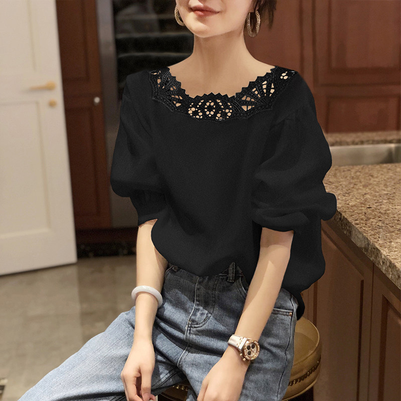 法式泡泡袖雪纺女黑色镂空短袖衬衫 秋寸衬衫