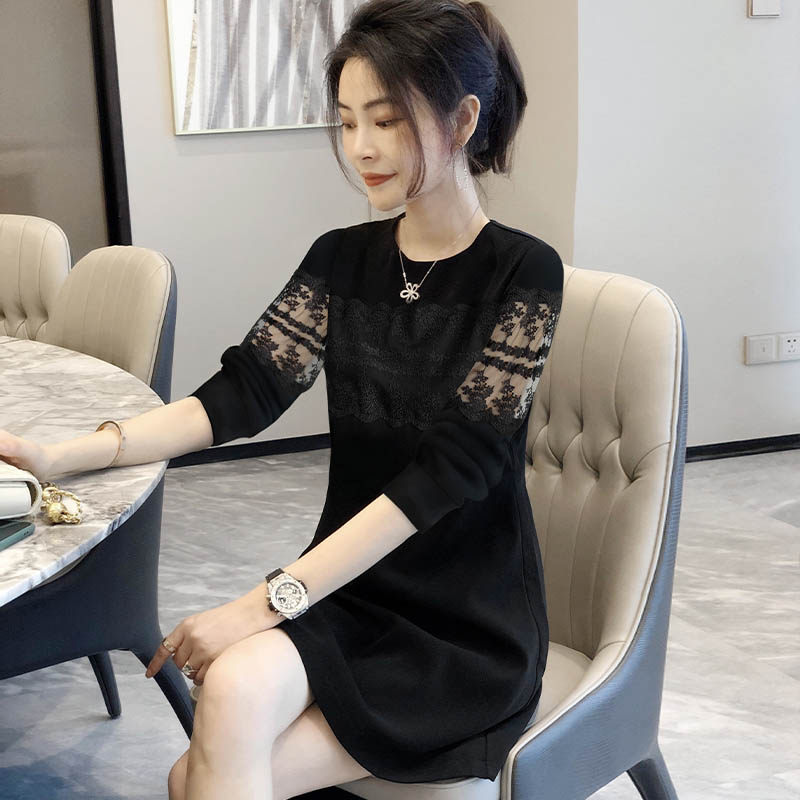 法式蕾丝小黑裙长袖气质通勤连衣裙 秋寸连衣裙