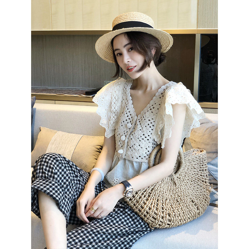 小清新设计感白色v领镂空夏蕾丝衫 秋寸蕾丝衫/雪纺衫