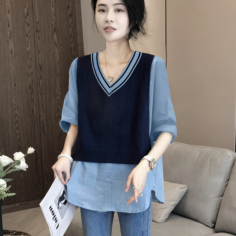 拼接假两件v领女设计感小众衬衫 秋寸衬衫