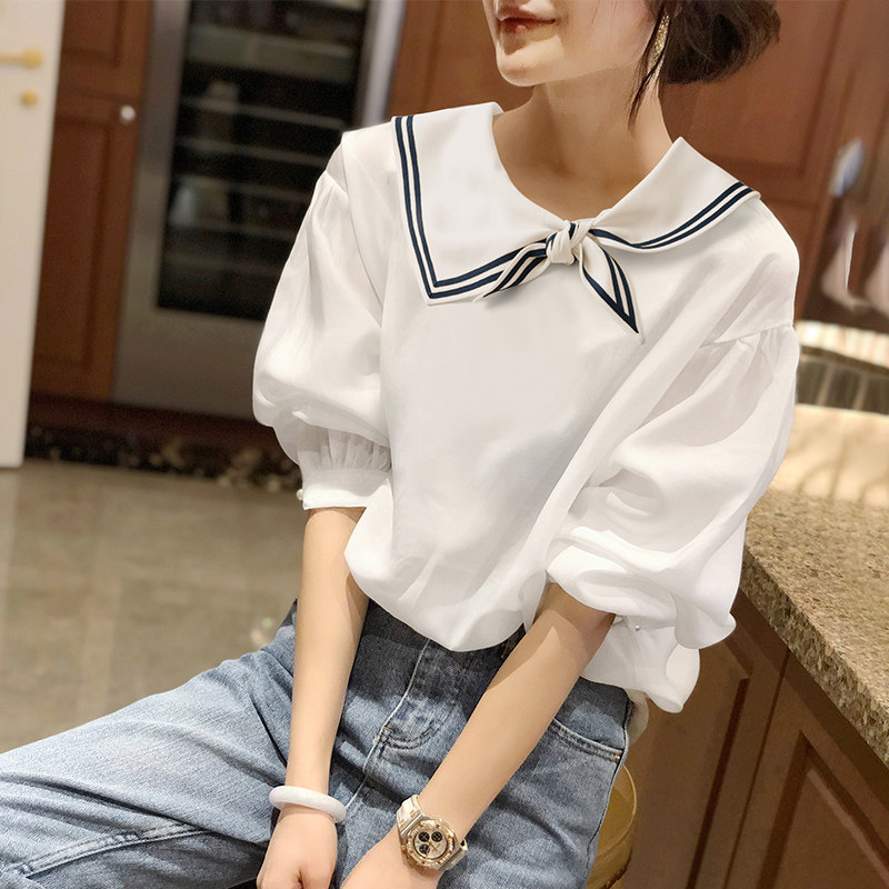 海军风领泡泡袖雪纺洋气小衫衬衣 秋寸衬衫