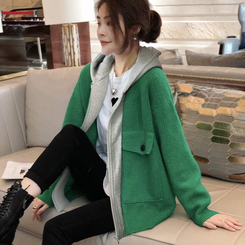 绿色假两件毛衣外套女小个子爆开衫 秋寸短外套