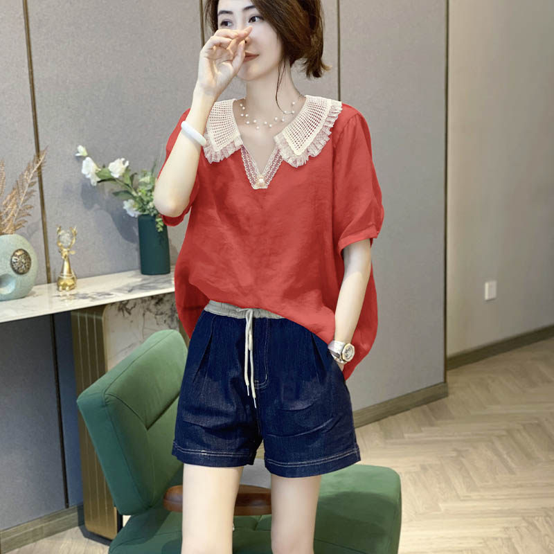 娃娃领短袖设计感蕾丝v领小衫衬衫 秋寸衬衫