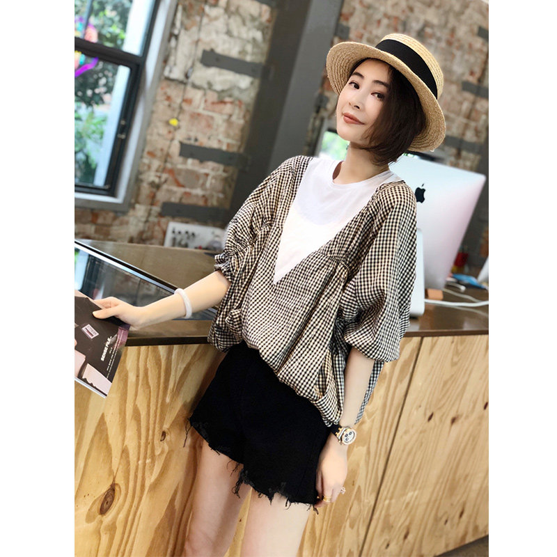 假两件格子蝙蝠袖设计感小众衬衫 秋寸衬衫