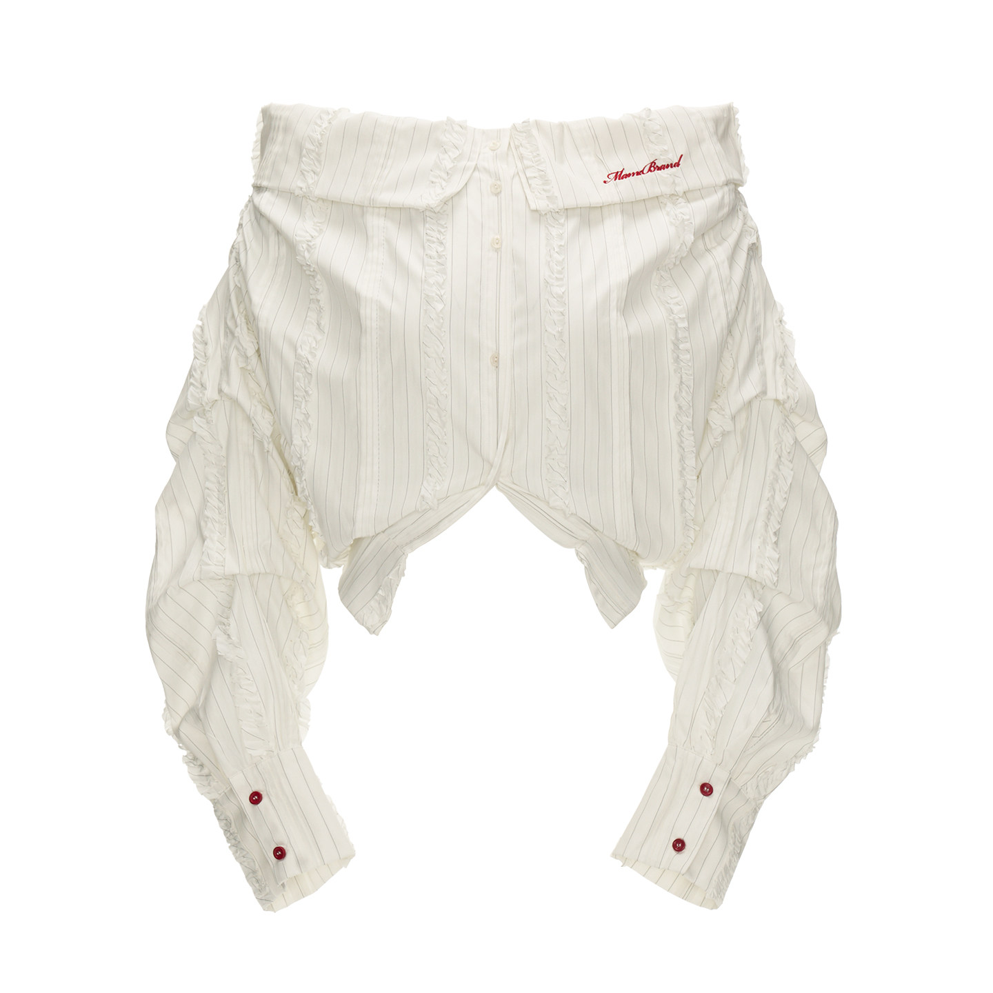 MAMC大V层次条纹白色衬衫女2025秋季新款一字肩衬衣宽松长袖上衣