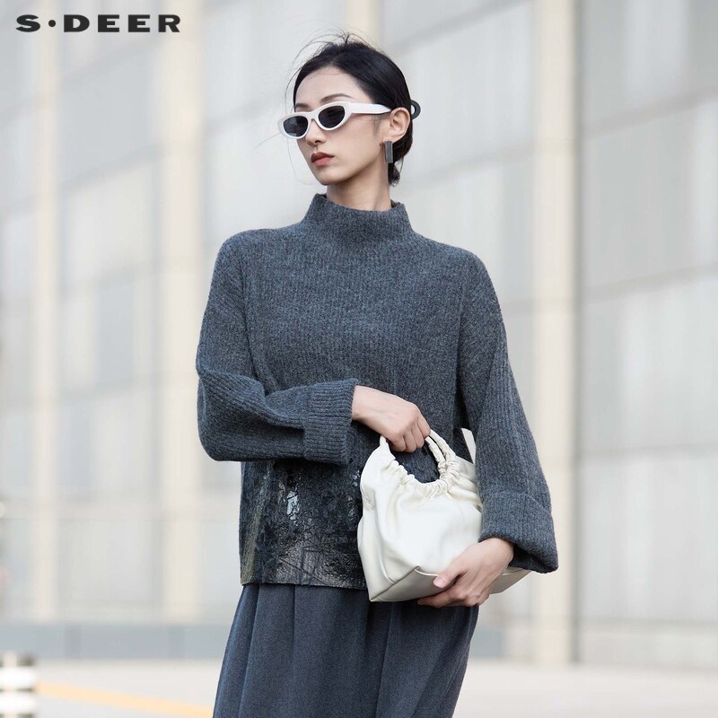 sdeer圣迪奥女装时尚半高领龟裂印花宽松针织衫S24483514,淘宝优惠券,粉丝福利购,淘宝优惠卷