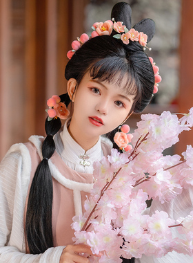 古风桃子绒花演出少女国潮发夹