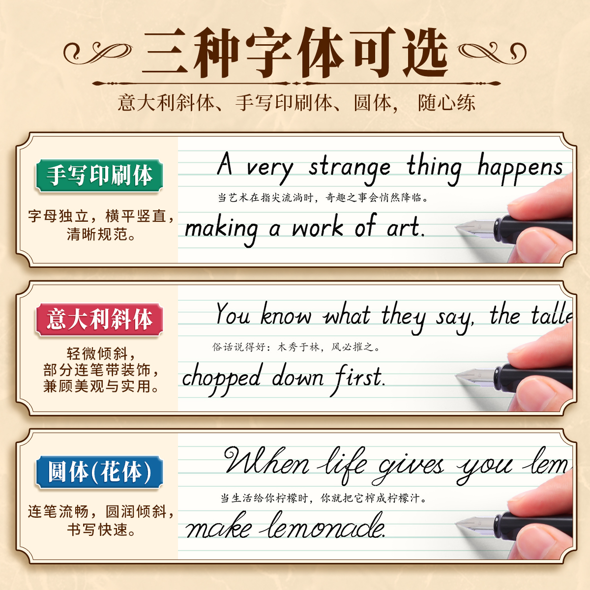 书行意大利斜体英语字帖名言名篇励志美文描红写字帖女生漂亮英文手写圆体印刷体专用初高中生大学生考研成人英文字母书写练习字帖