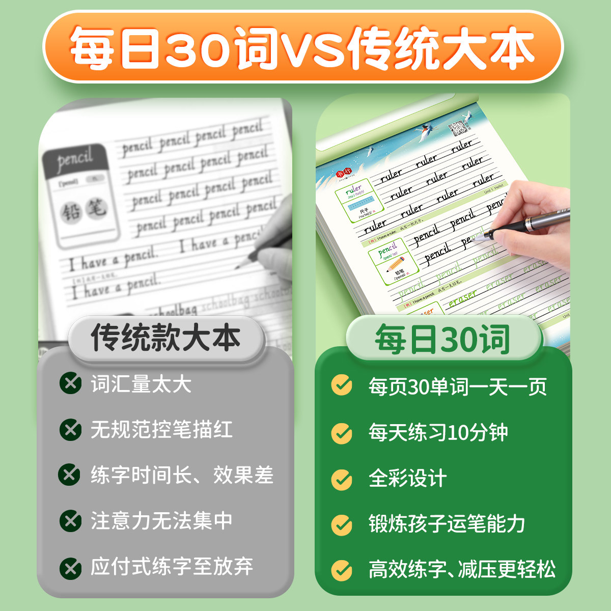 4-6年级每日30词英语减压字帖PEP人教版同步三四五六年级上册下册英文字母单词每日一练小学生专用英语听写默写本描红练字本字贴