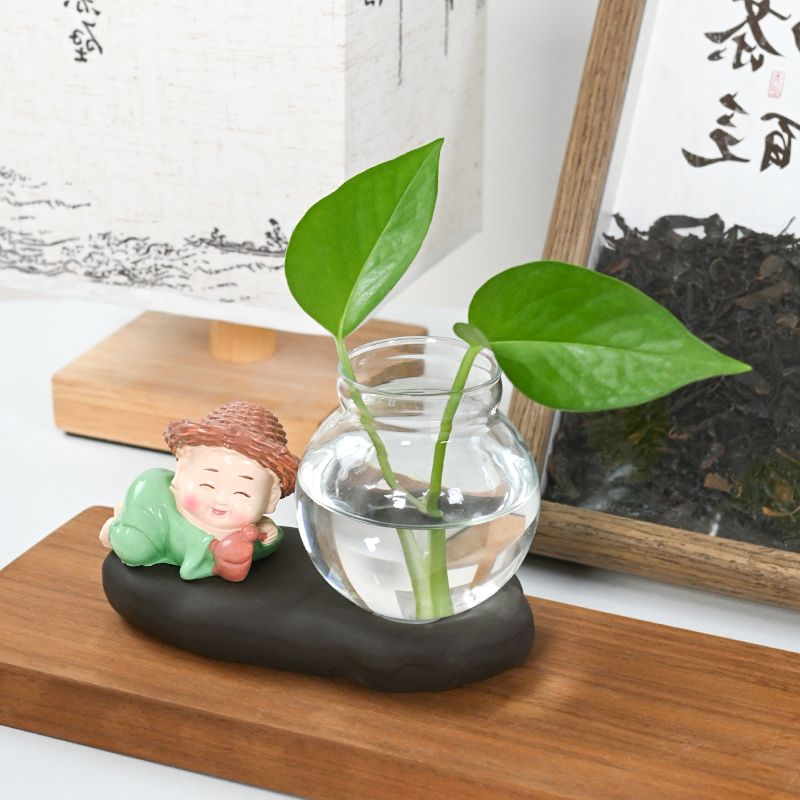 创意玻璃摆件小和尚花器家居装饰品茶桌绿萝花插花瓶陶瓷水培容器 - 图0