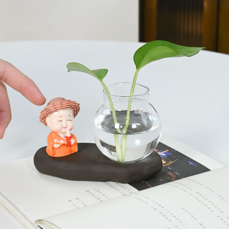 创意玻璃摆件小和尚花器家居装饰品茶桌绿萝花插花瓶陶瓷水培容器 - 图3