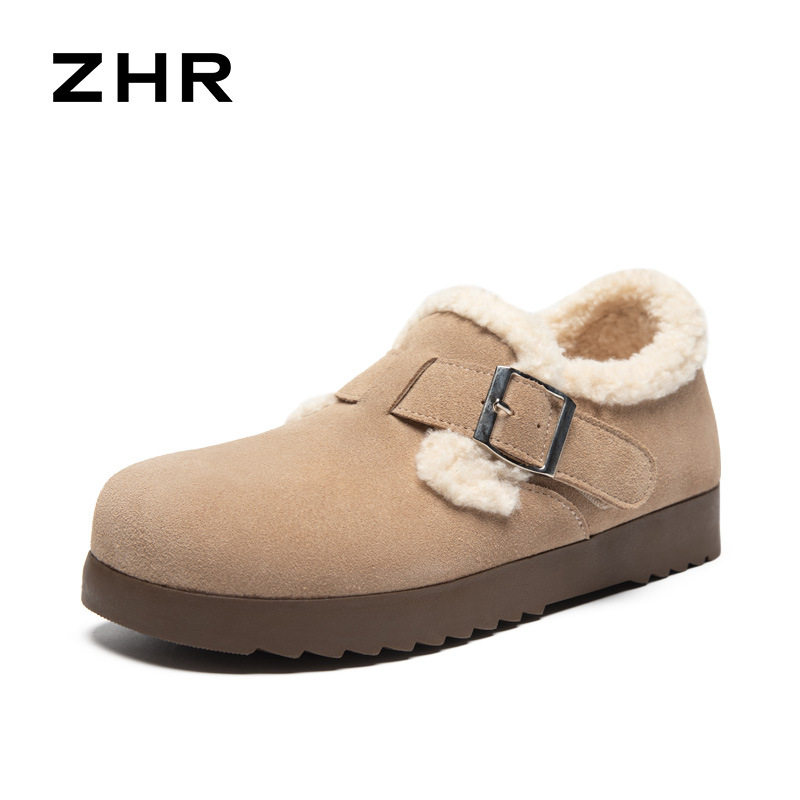 ZHR则则加绒真皮勃肯鞋女2024冬季新款毛毛鞋平底保暖加厚棉鞋女,淘宝优惠券,粉丝福利购,淘宝优惠卷