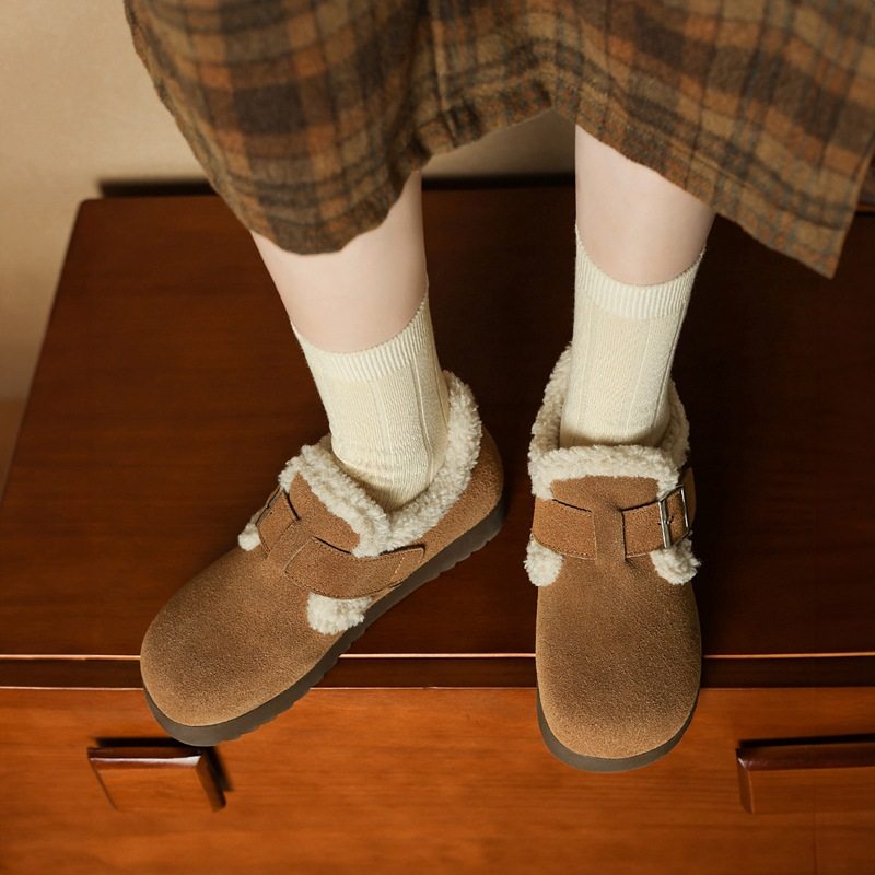 ZHR则则加绒真皮勃肯鞋女2024冬季新款毛毛鞋平底保暖加厚棉鞋女,淘宝优惠券,粉丝福利购,淘宝优惠卷