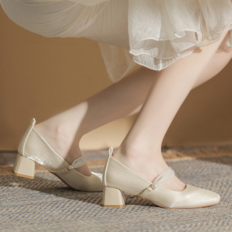 407-Z25新款2022秋冬季绒面方头珍珠粗跟玛丽珍鞋女单鞋婚鞋高跟,淘宝优惠券,粉丝福利购,淘宝优惠卷