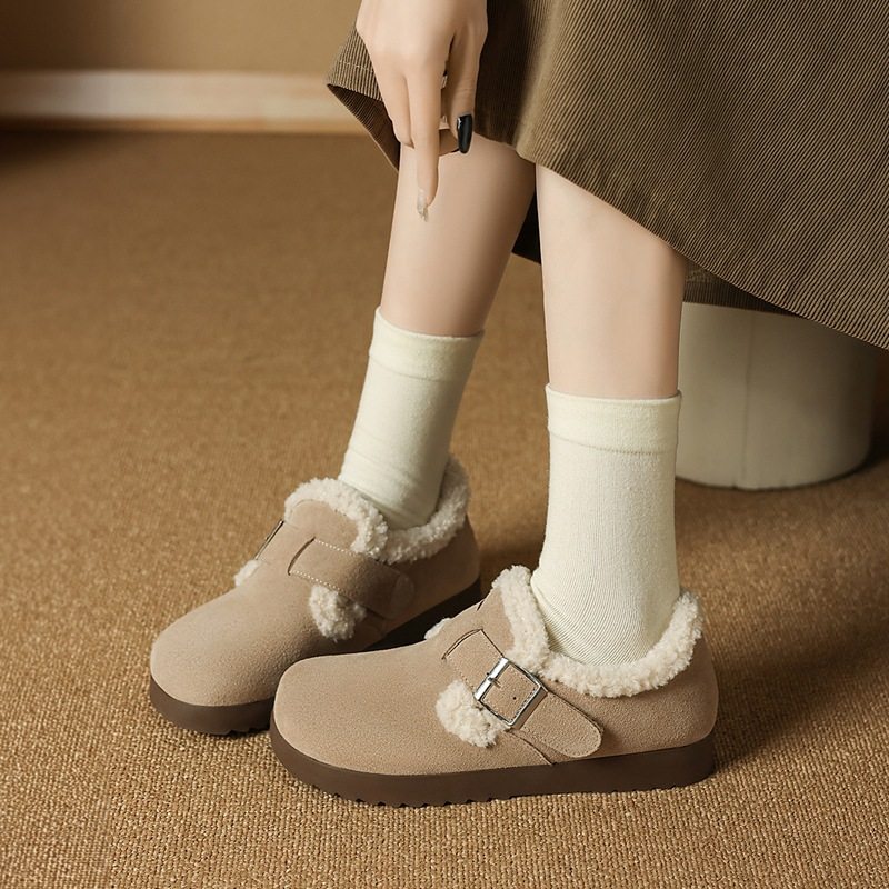 ZHR则则加绒真皮勃肯鞋女2024冬季新款毛毛鞋平底保暖加厚棉鞋女,淘宝优惠券,粉丝福利购,淘宝优惠卷