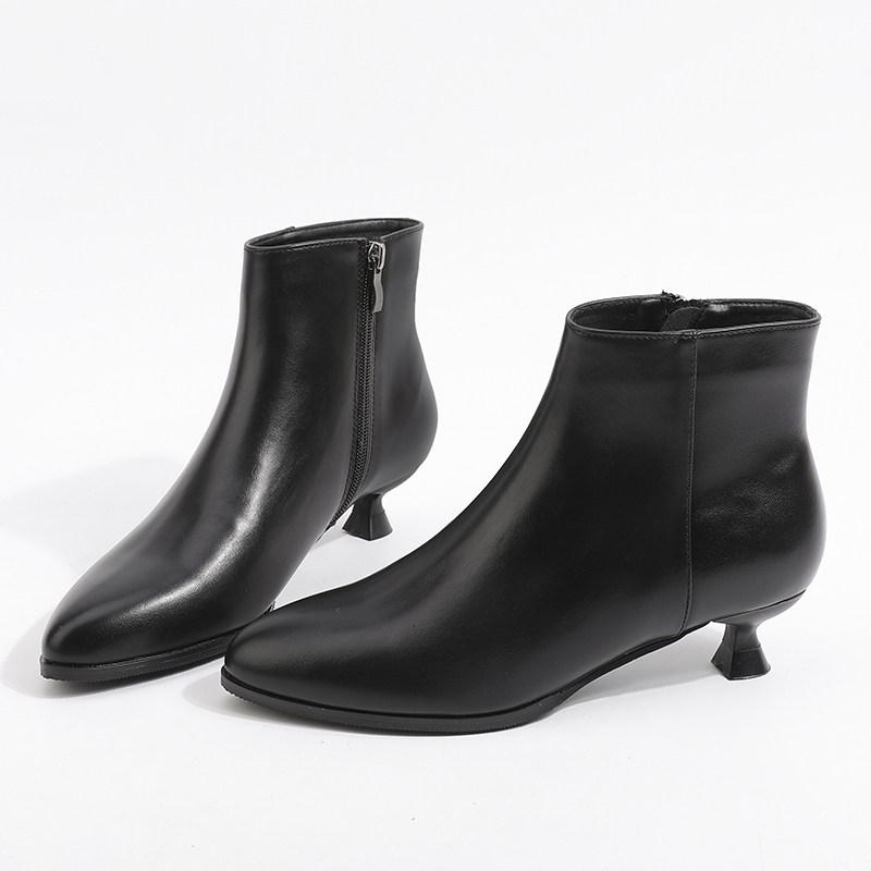 3厘米低跟黑色短靴尖头细跟秋冬高跟鞋加绒真皮猫跟裸靴工装女靴,淘宝优惠券,粉丝福利购,淘宝优惠卷