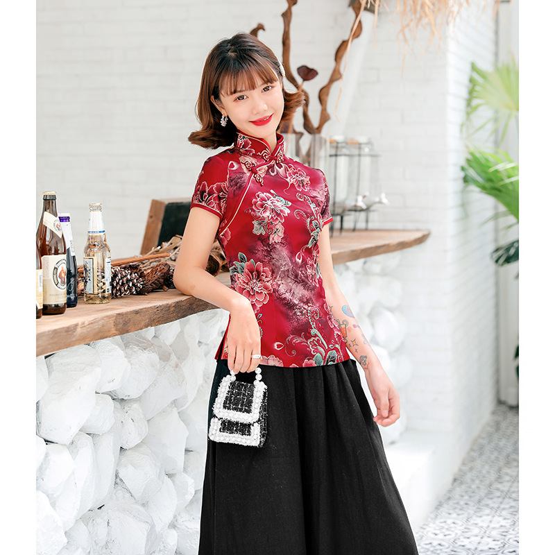 Slim fit printed standing collar Tang suit top女修身唐装上衣 - 图3