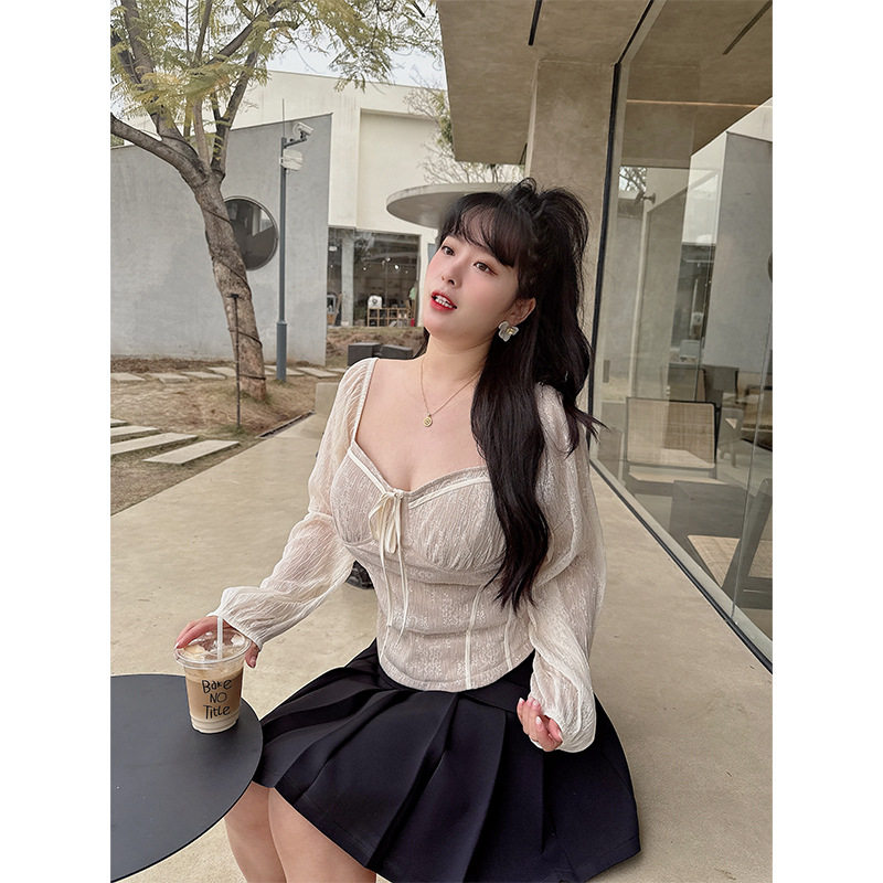 56038网纱拼接方领T恤女春季法式短款内搭辣妹紧身带胸垫大码上衣,淘宝优惠券,粉丝福利购,淘宝优惠卷