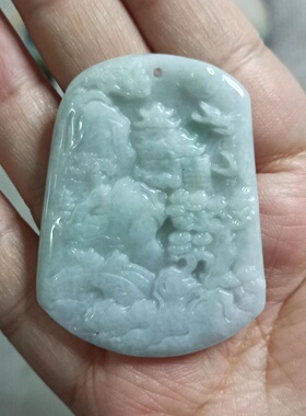 缅甸天然翡翠吊坠飘花山水牌