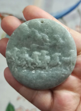 翡翠吊坠生肖马牌八骏图圆牌