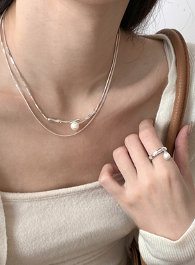 925纯银蛇骨链珍珠叠戴项链