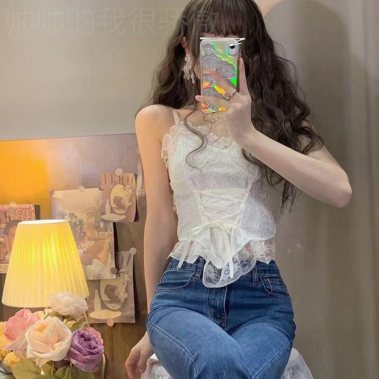 V-neck fashion halter lace top法式v领吊带纯欲抹胸蕾丝后背绑 - 图0