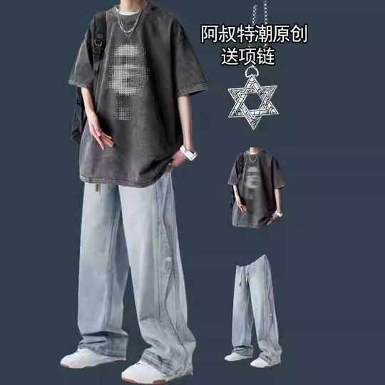 美式复古短袖T恤夏季套装男港风一整套潮流牛仔裤潮牌炸街两件套