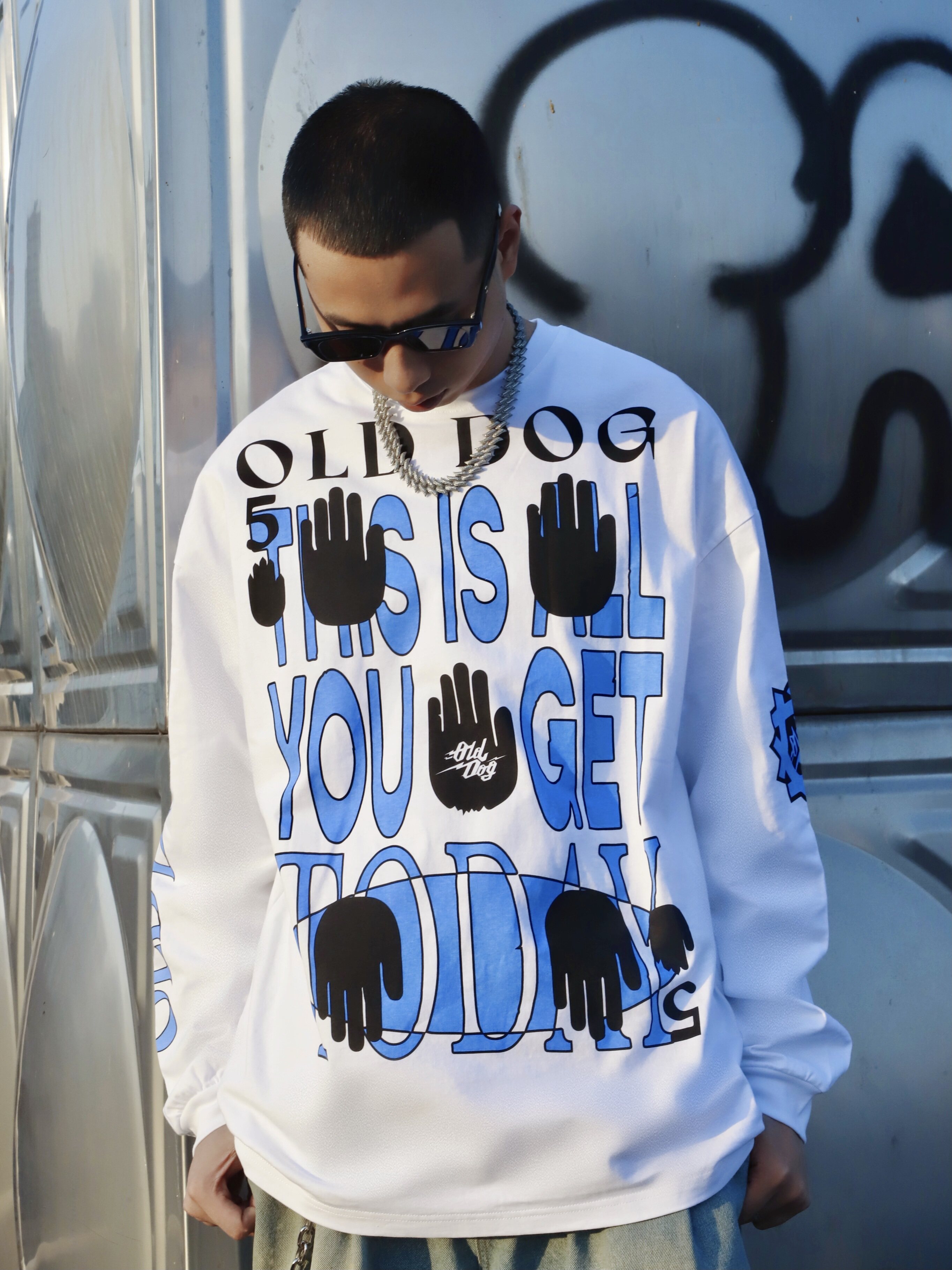 o-dog 即日掌控t恤 白色长袖t舞者潮流宽松oversiz情侣款蓝色字母