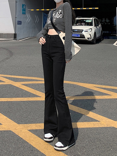 Black micro-flared jeans for women 2025 spring and autumn new slimming and highly elastic high-waisted floor-length horseshoe trousers