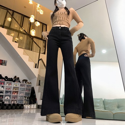 黑色微喇叭牛仔裤女2025年秋冬新款高腰显瘦弹力加绒小个子马蹄裤 - 图0