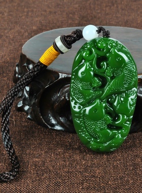 玉器新疆和田玉 碧玉手把件连年有余 菠菜绿 和田碧玉挂件