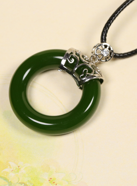 新疆和田碧玉925镶嵌平安环平安扣挂件吊坠金丝玉男女情侣款扳指