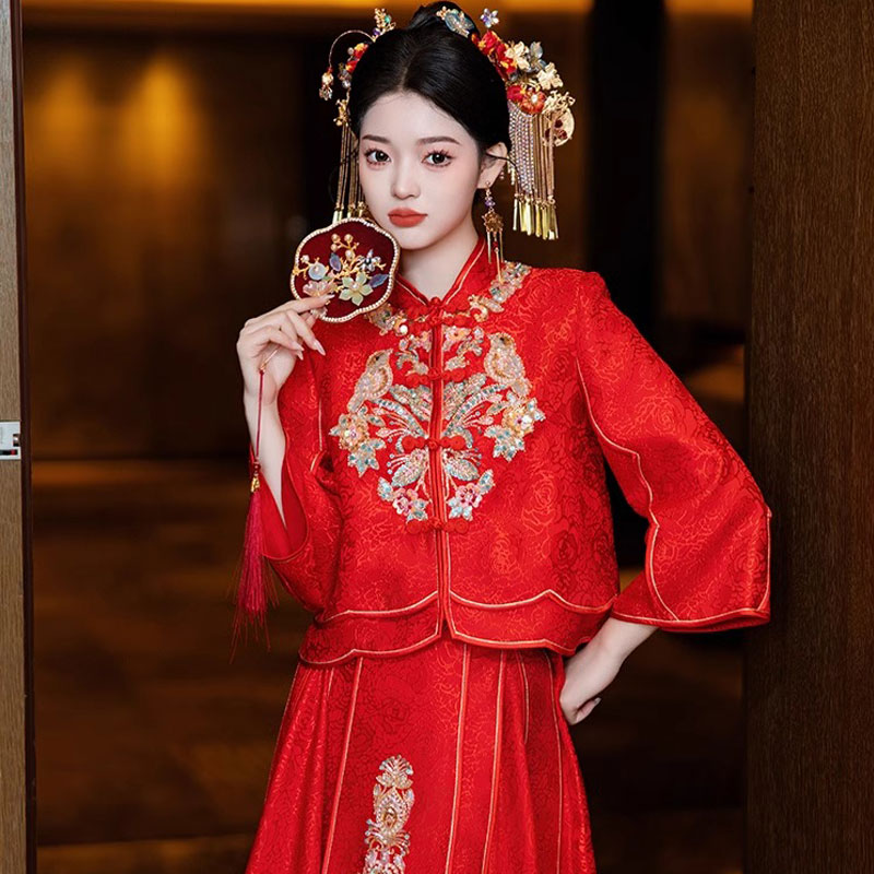 中式秀禾服新款婚服新娘结婚小个子出嫁夏季婚纱新式订婚敬酒服薄-图2