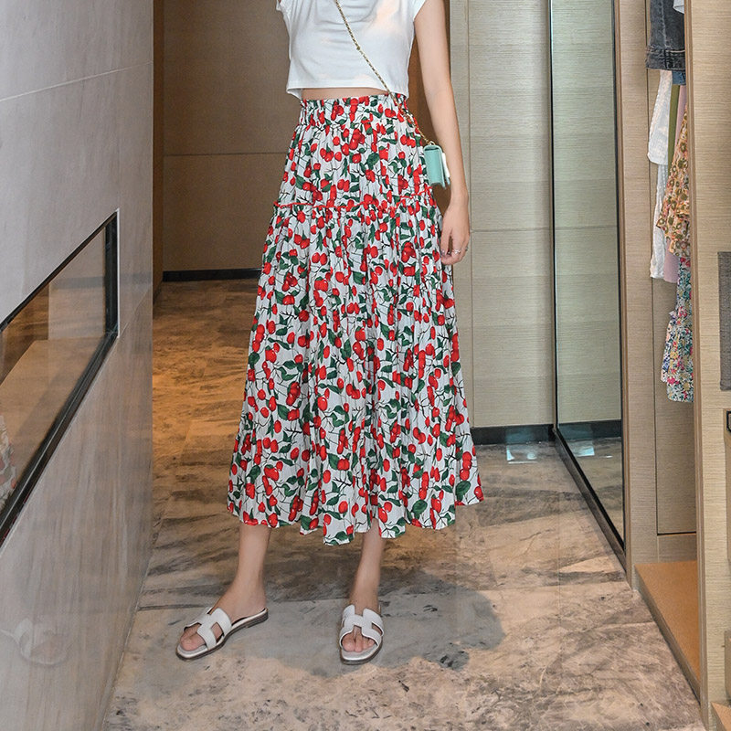 温格雅棉麻印花显瘦高腰樱桃半身裙 温格雅半身裙