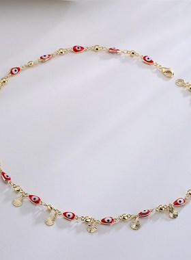 极速澳古 INS波西米亚风滴x油恶魔之眼项链女铜镀真金锁骨链 跨境