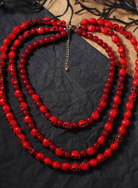 跨境万圣节哥特风小众设计感多层骷髅夸张红色项链创意百搭女款