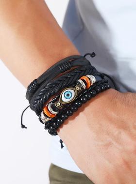 跨境新款恶魔之眼配饰男士饰品手链手工编织多层套装手镯手绳