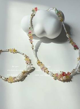 约会必胜装备贝壳蝴蝶结彩色天然石珍珠项链手链套装闺蜜生日礼物