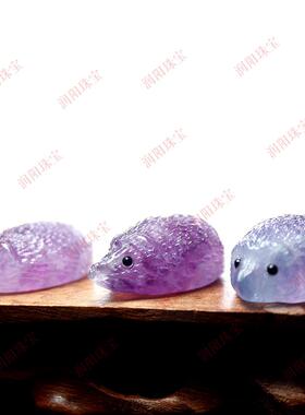 厂家东海原石手工雕刻天然水晶紫绿萤石小刺猬工艺品摆件跨境