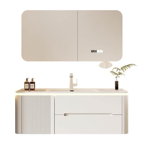 法式奶油风烤漆智能圆角侧边柜橡木浴室柜陶瓷一体盆洗脸洗漱台 - 图3