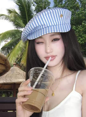 GN韩版甜妹蓝色格纹平顶报童帽女