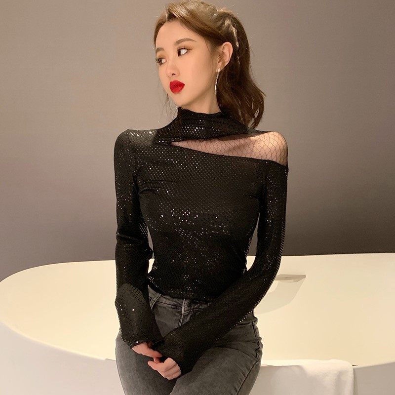 气质bling亮片女长袖半高领打底衫 皆雍T恤