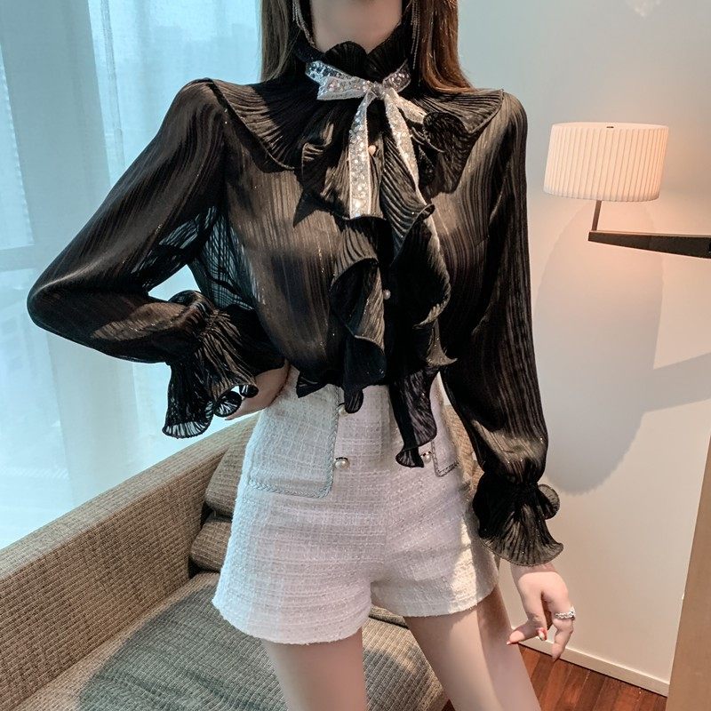 洋气法式小众闪闪bling亮片女衬衫 皆雍蕾丝衫/雪纺衫