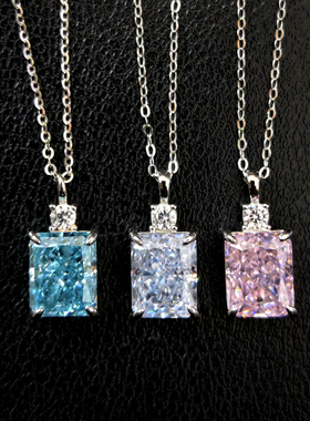 海蓝宝石粉钻冰花切雷迪恩长方形吊坠项链S925纯银镀18K金饰品潮