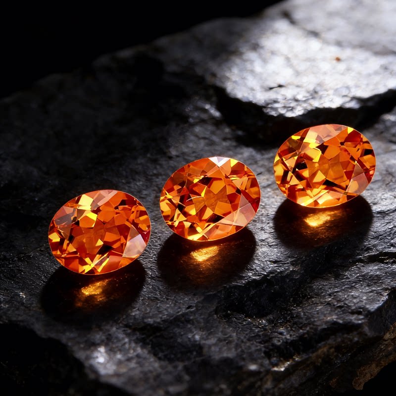 Orange blue bufanta color spessartite garnet African oval loose stone ring with loose diamonds on the ring surface