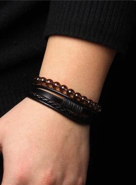 欧美跨境天然石头青金石珠子手链女时尚皮绳套装男女手饰厂家